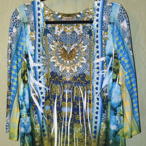 One World 3/4 sleeve Blue Green High Low Top